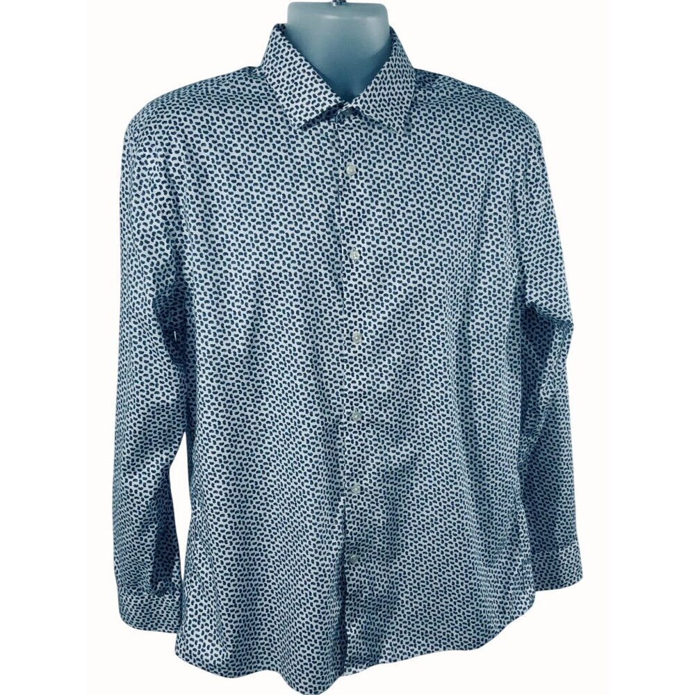 Tommy Hilfiger Mens Slim Fit Stretch Blue Paisley Long Sleeve Shirt Size Large